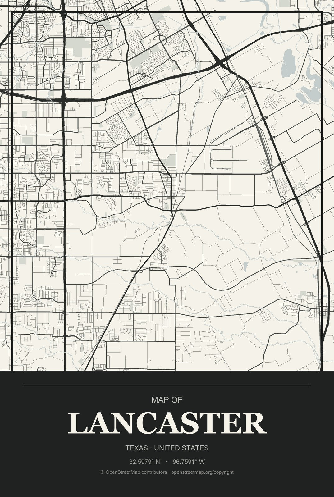 Lancaster, Texas City Map Aluminum Sign in Museum Plaque style