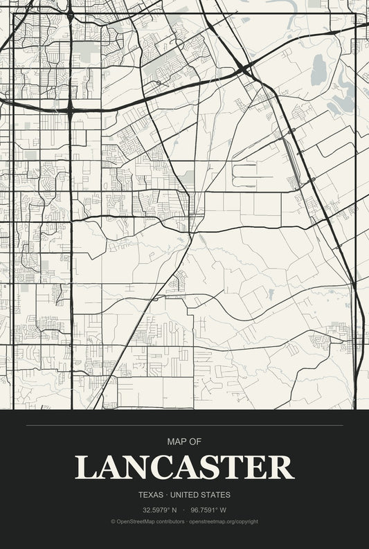Lancaster, Texas City Map Aluminum Sign in Museum Plaque style