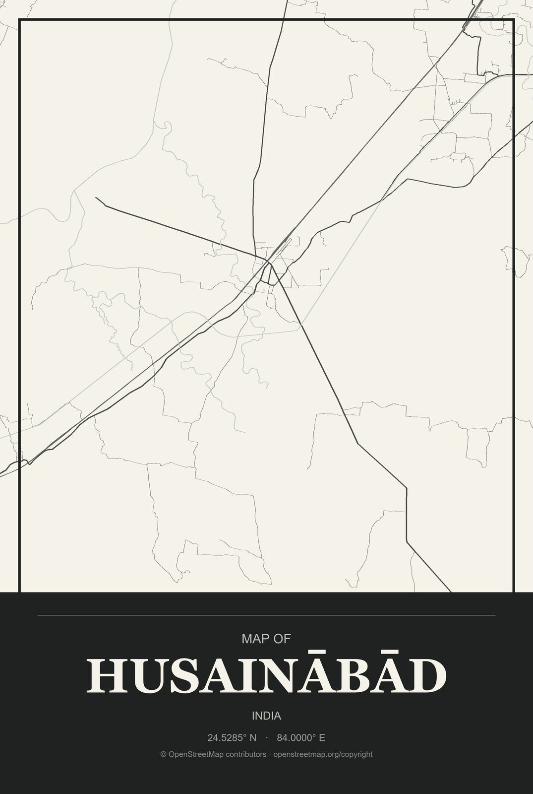 Husainābād, India City Map Aluminum Sign in Museum Plaque style
