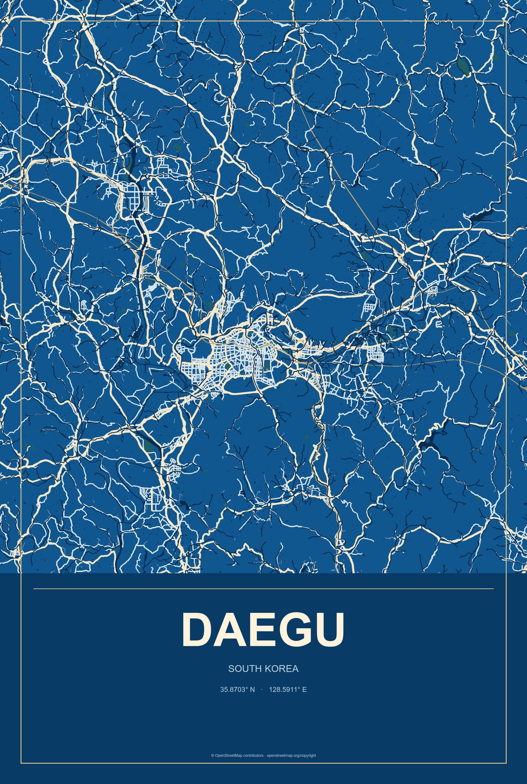 Daegu, South Korea City Map Aluminum Sign in Harbor Cobalt style