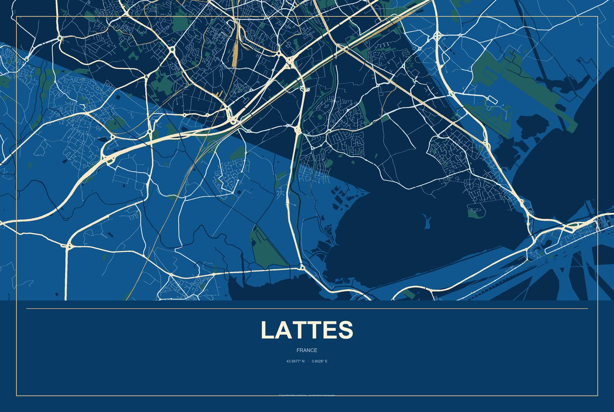 Lattes, France City Map Aluminum Sign in Harbor Cobalt style
