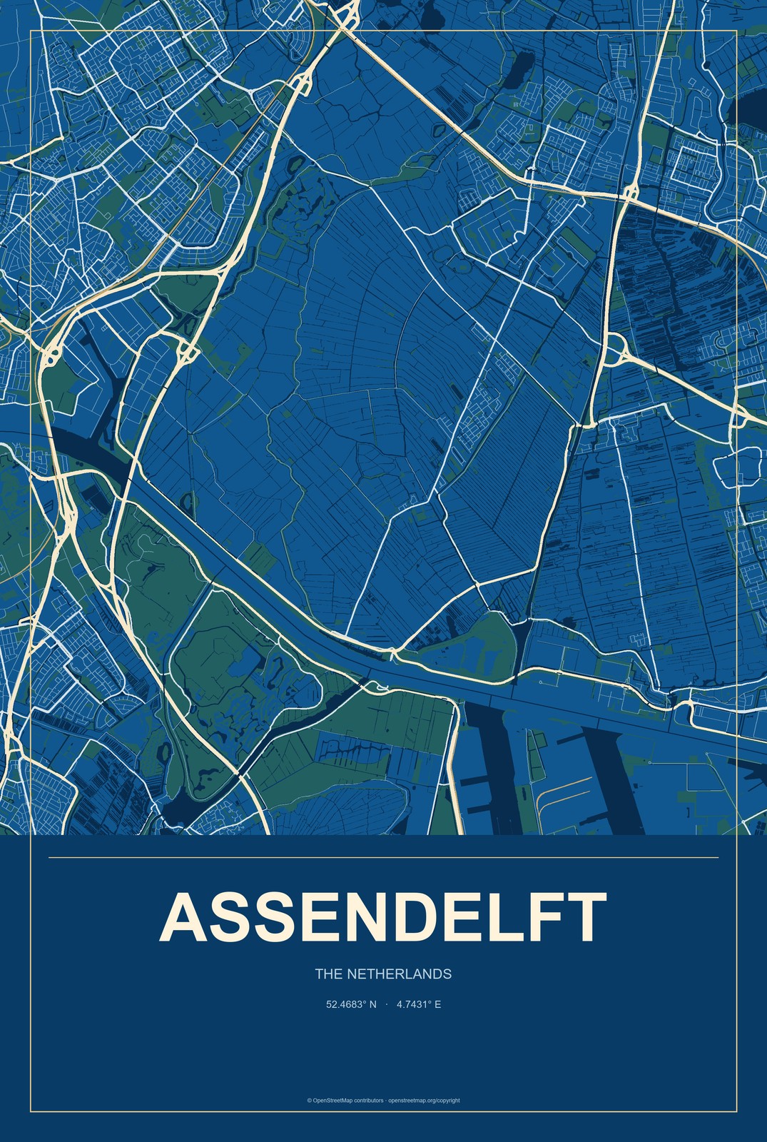 Assendelft, The Netherlands City Map Aluminum Sign in Harbor Cobalt style