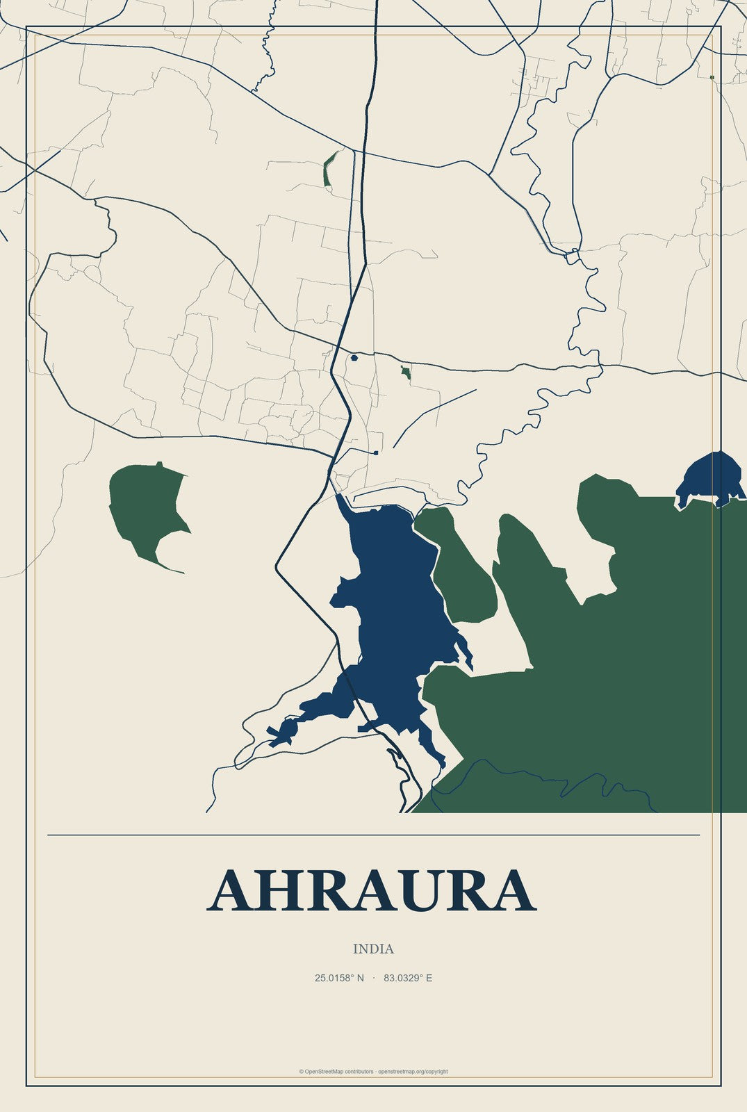 Ahraura, India City Map Aluminum Sign in Coastal Cutout style