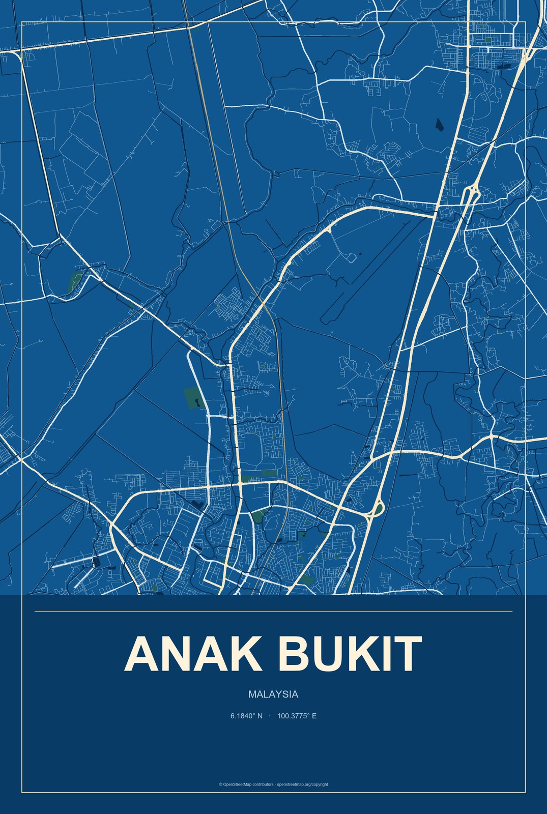 Anak Bukit, Malaysia City Map Aluminum Sign in Harbor Cobalt style