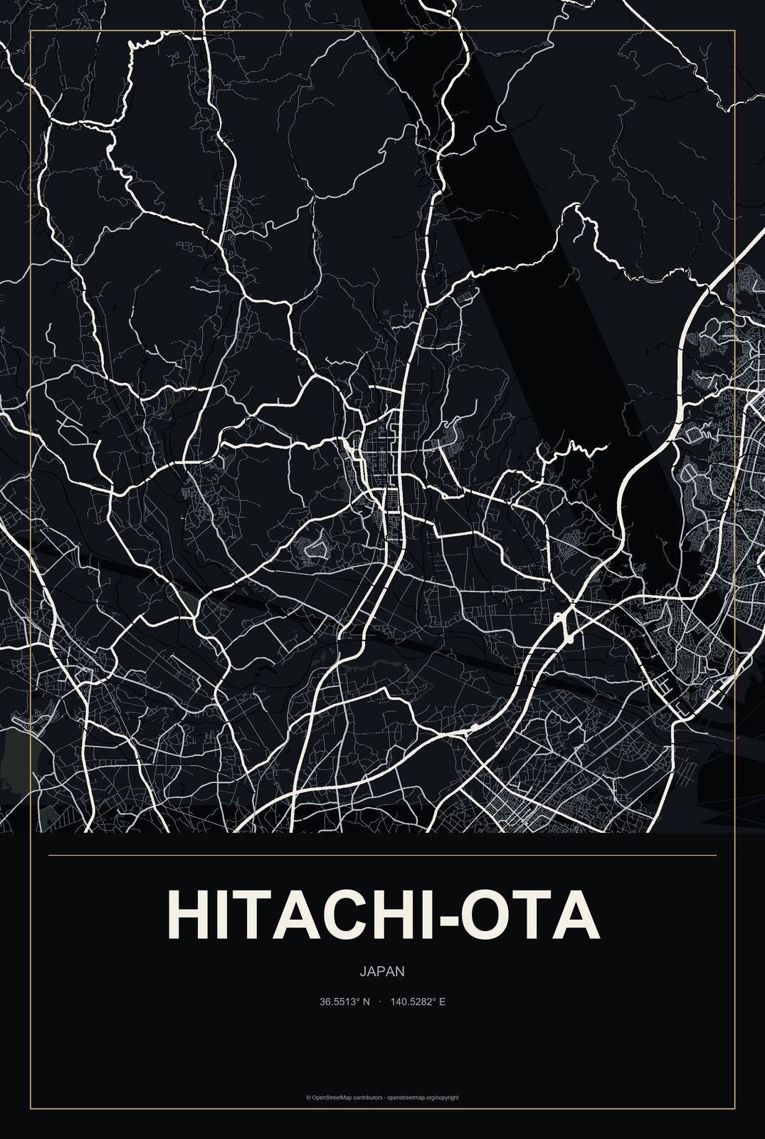 Hitachi-ota, Japan City Map Aluminum Sign in Metropolitan Noir style