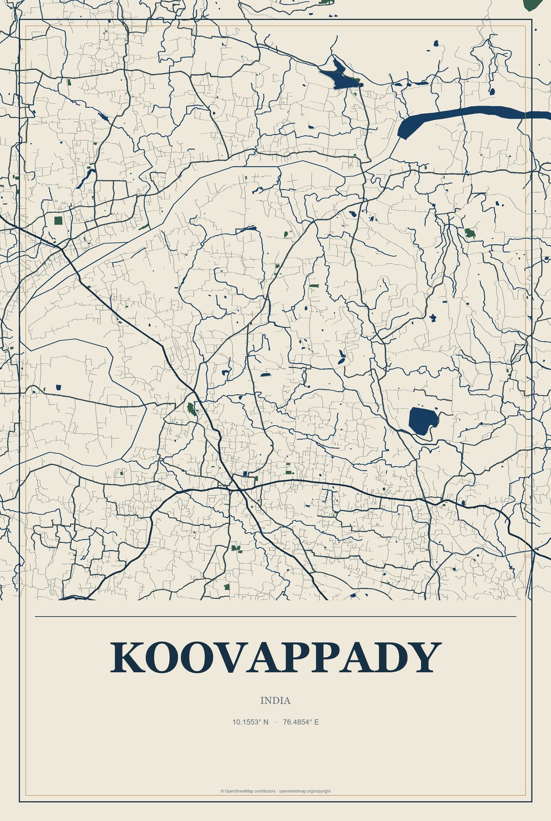 Koovappady, India City Map Aluminum Sign in Coastal Cutout style