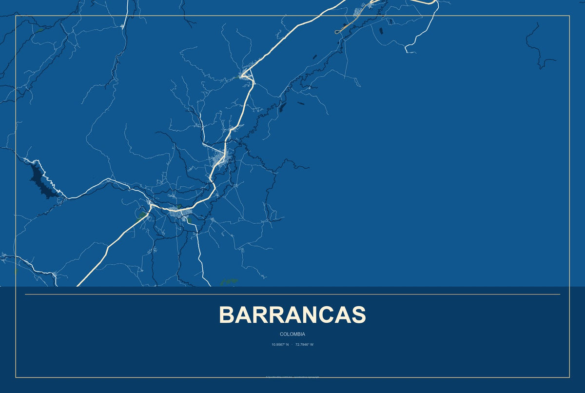 Barrancas, Colombia City Map Aluminum Sign in Harbor Cobalt style