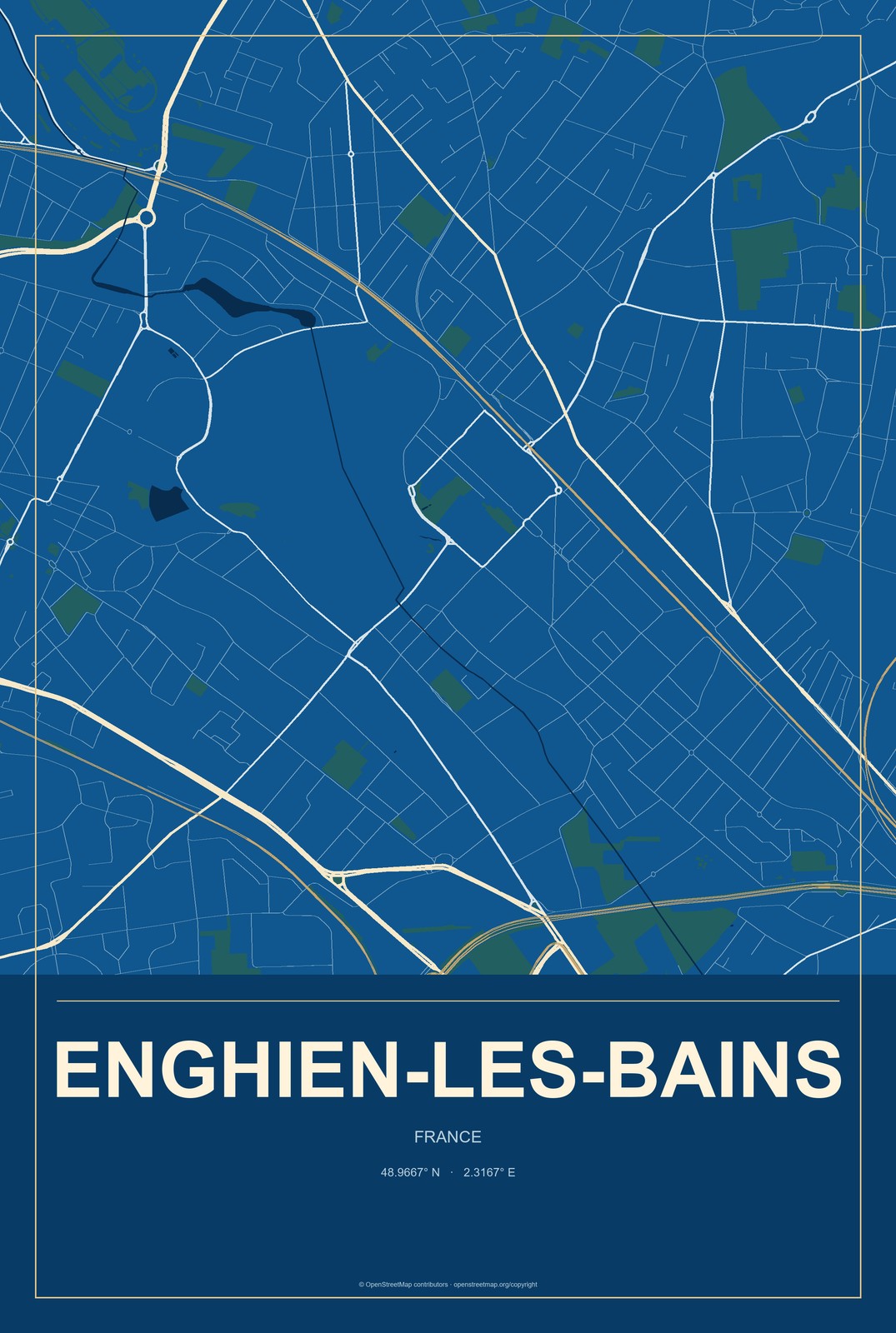 Enghien-les-Bains, France City Map Aluminum Sign in Harbor Cobalt style