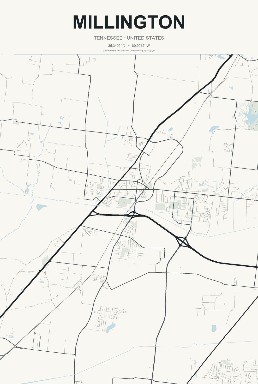 Millington, Tennessee City Map Aluminum Sign in Headline Atlas style