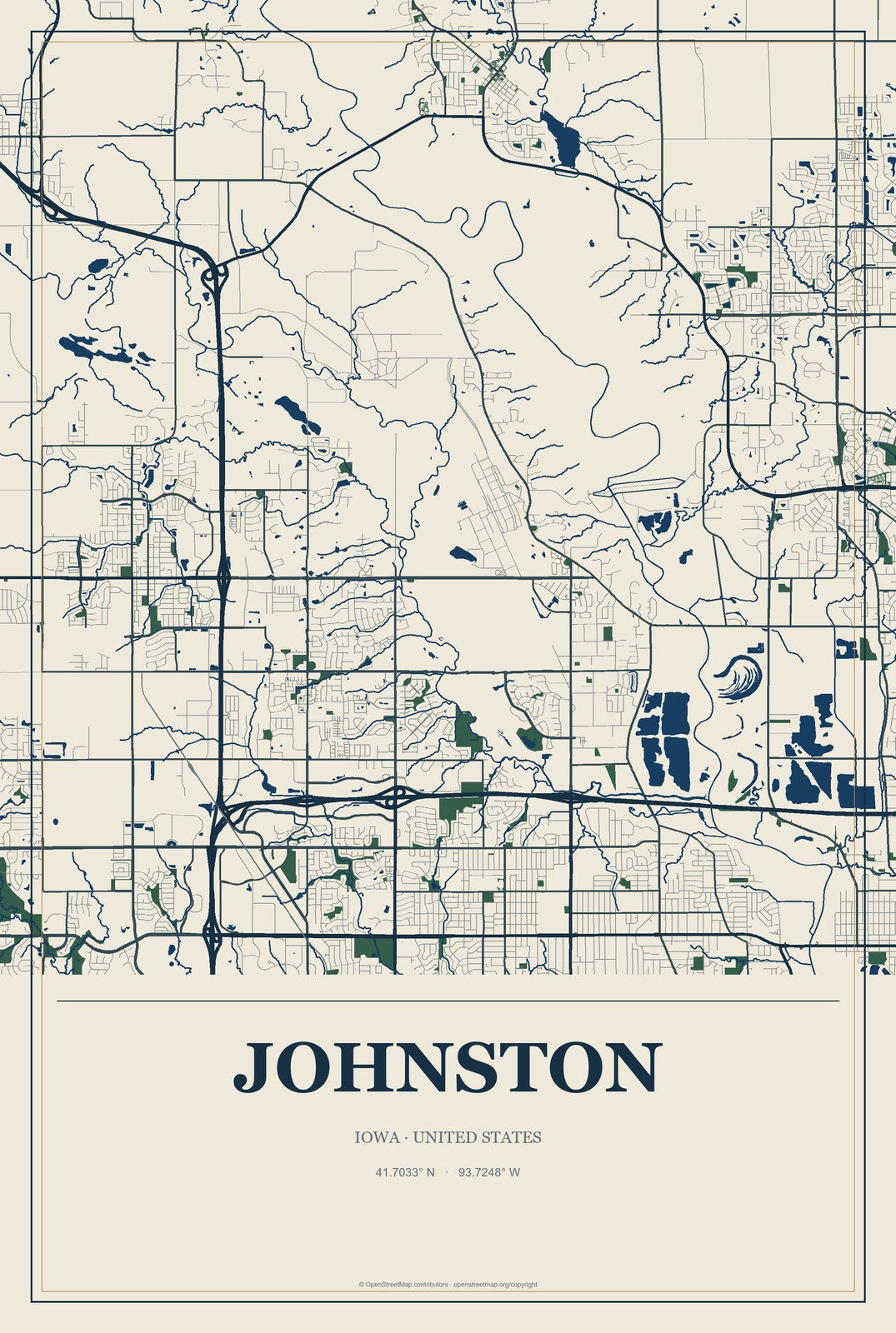 Johnston, Iowa City Map Aluminum Sign in Coastal Cutout style