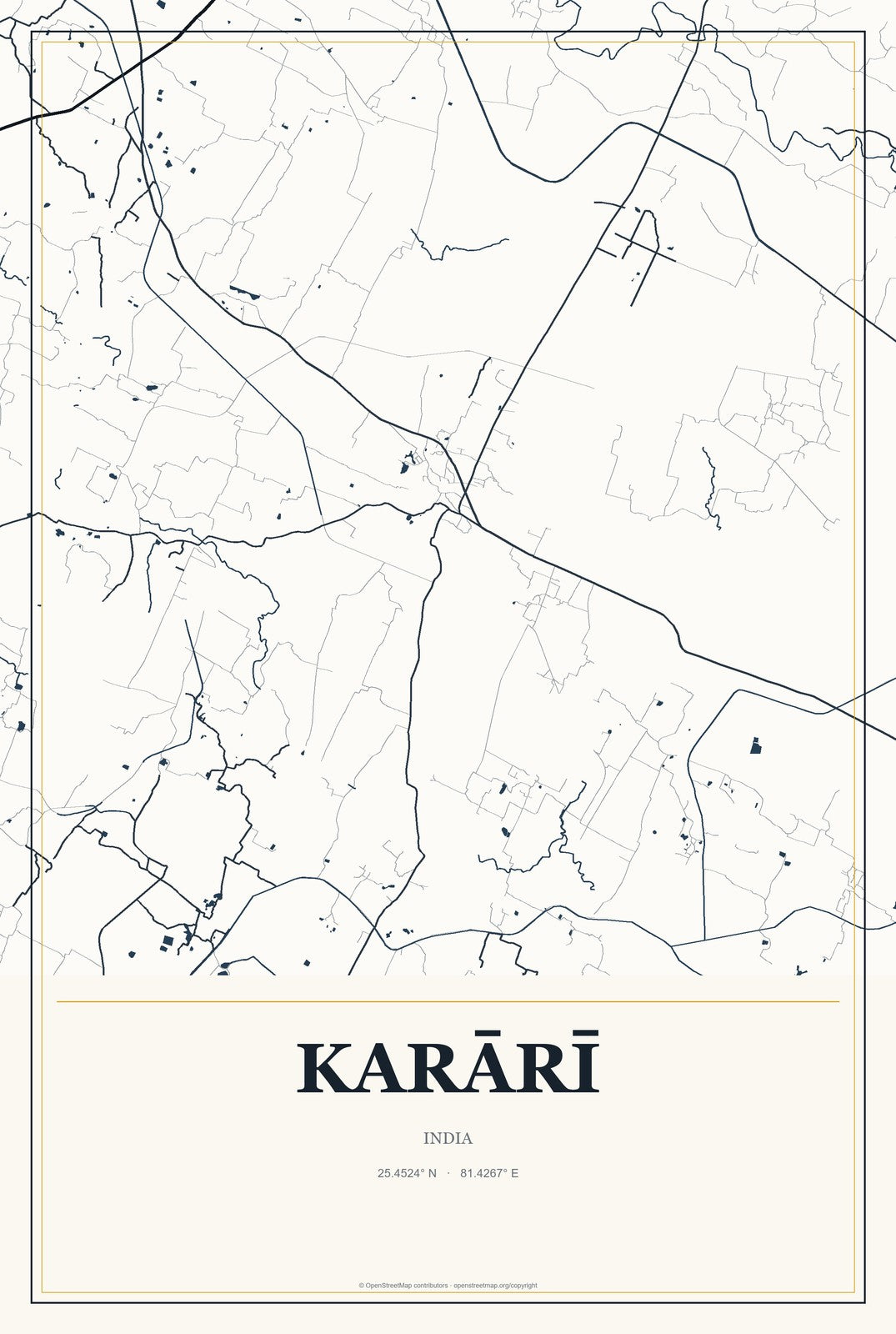 Karārī, India City Map Aluminum Sign in Citrine Modern style