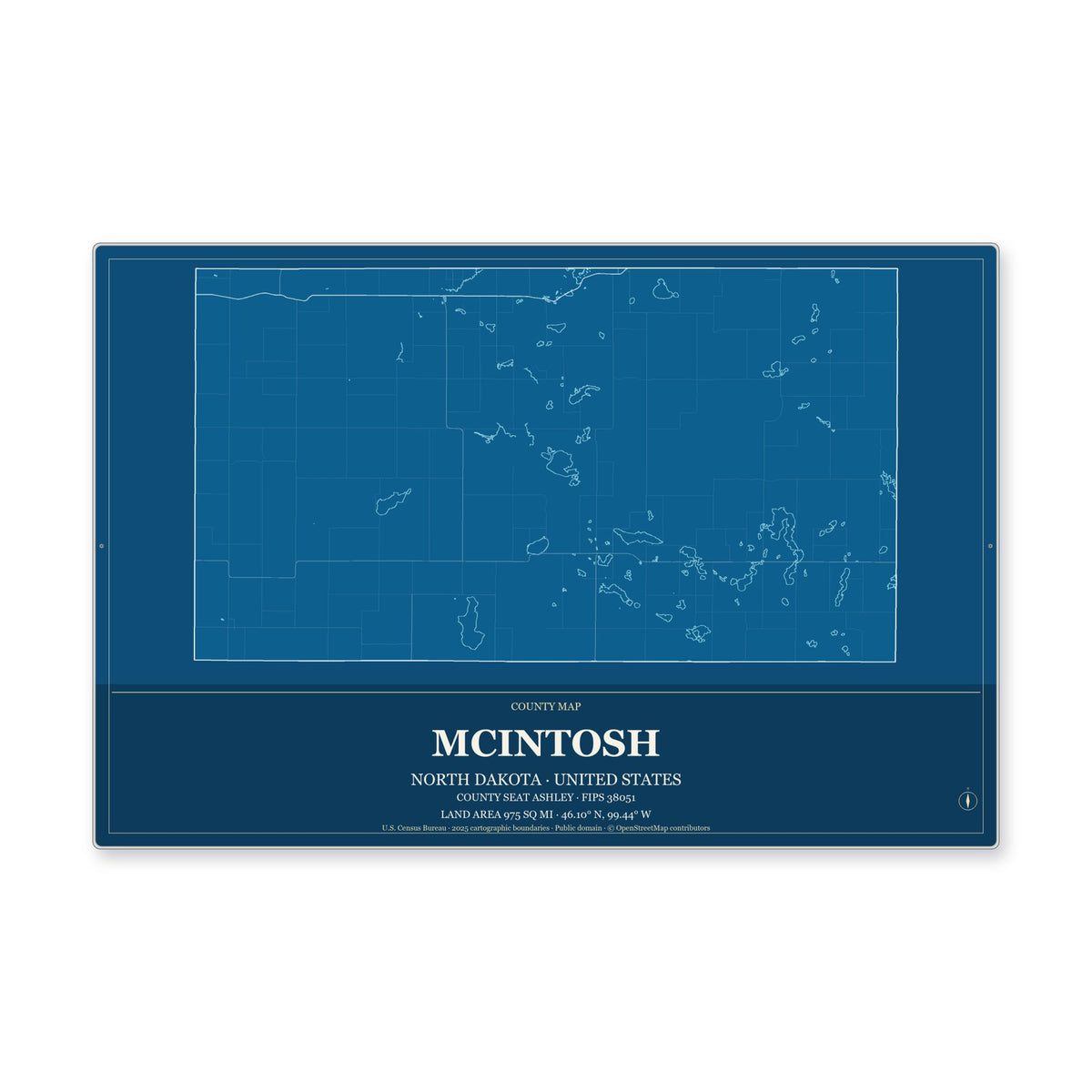McIntosh County, North Dakota Map Aluminum Sign in Harbor Cobalt style