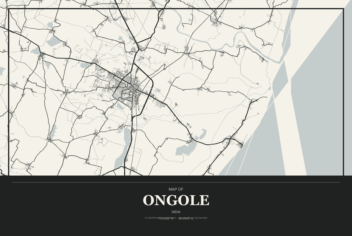 Ongole, India City Map Aluminum Sign in Museum Plaque style