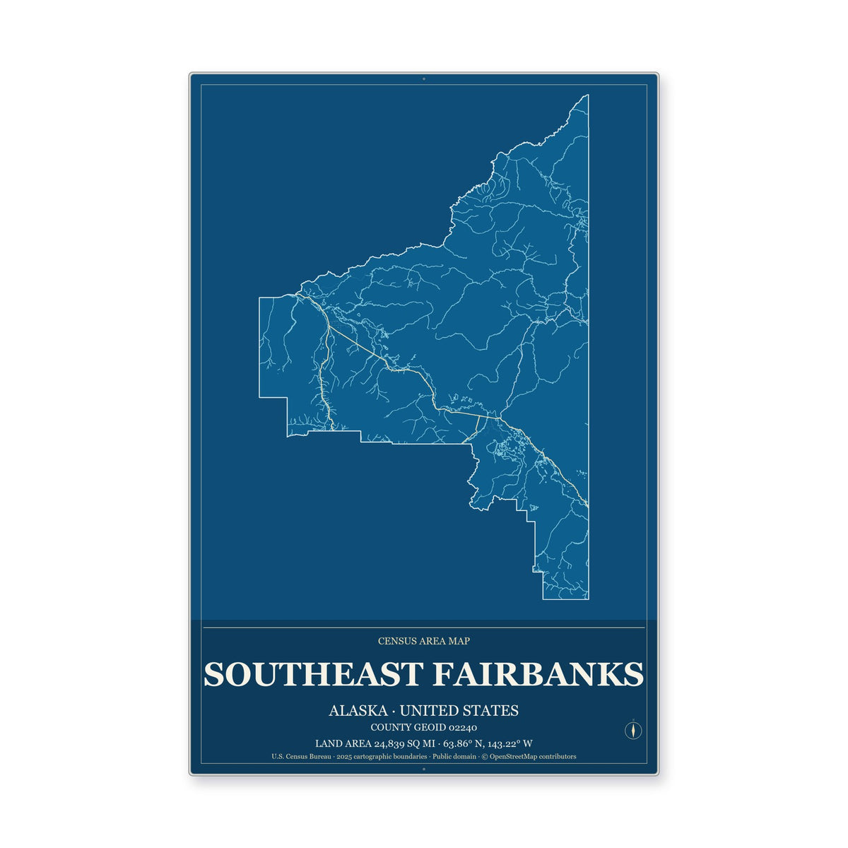 Southeast Fairbanks Census Area, Alaska Map Aluminum Sign in Harbor Cobalt style