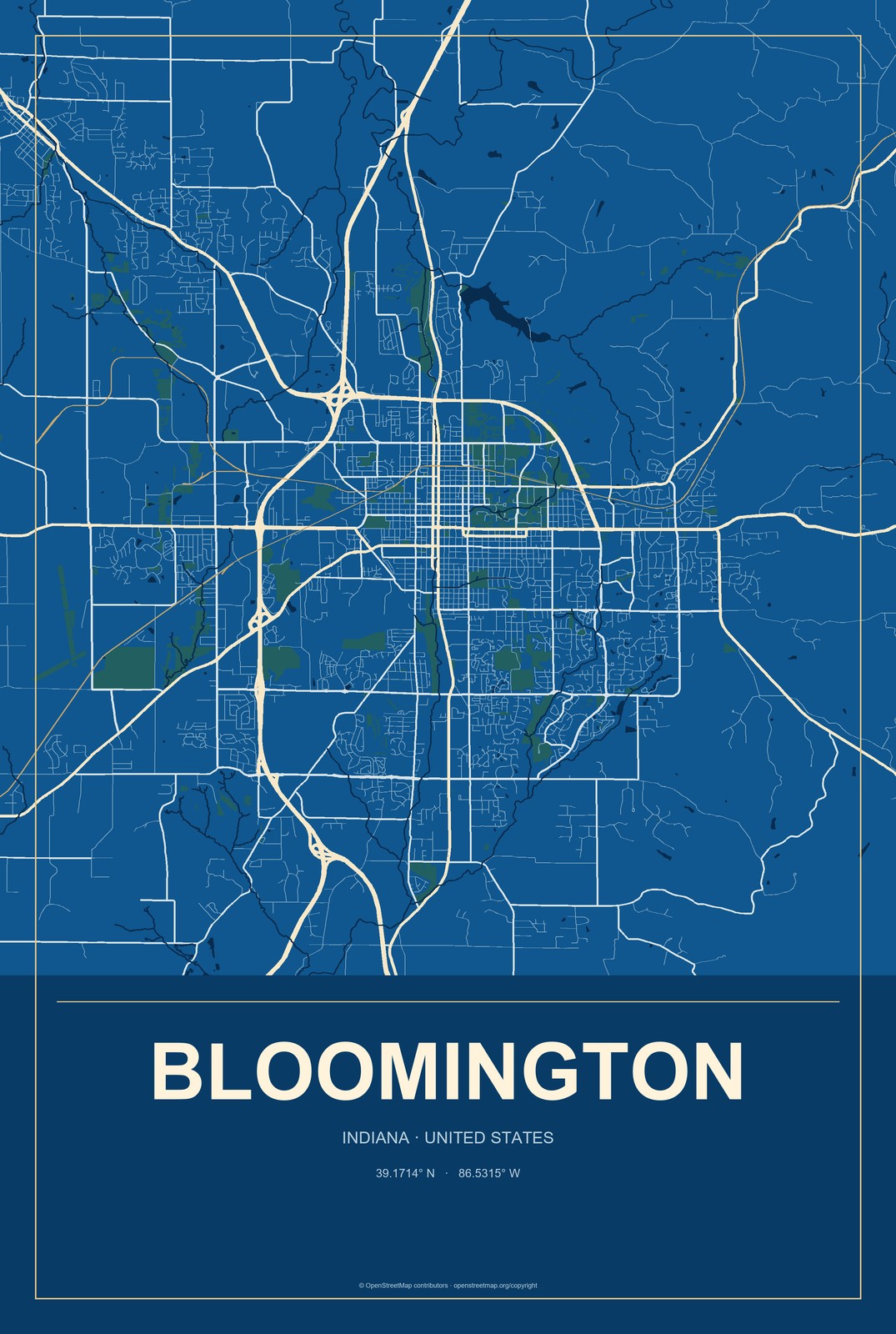 Bloomington, Indiana City Map Aluminum Sign in Harbor Cobalt style