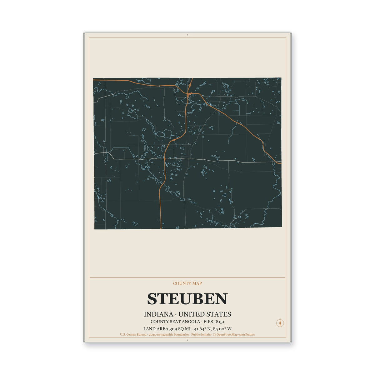 Steuben County, Indiana Map Aluminum Sign in Headline Atlas style