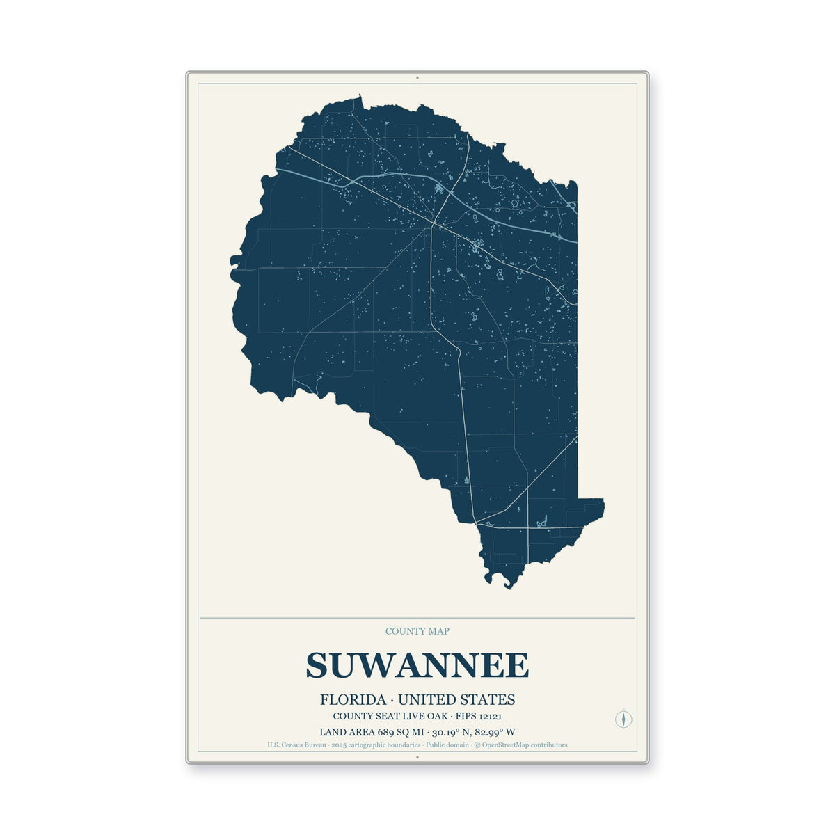 Suwannee County, Florida Map Aluminum Sign in Coastal Cutout style