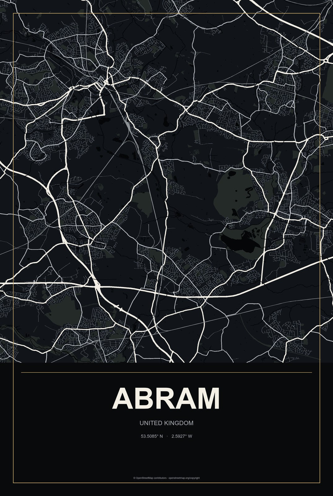 Abram, United Kingdom City Map Aluminum Sign in Metropolitan Noir style
