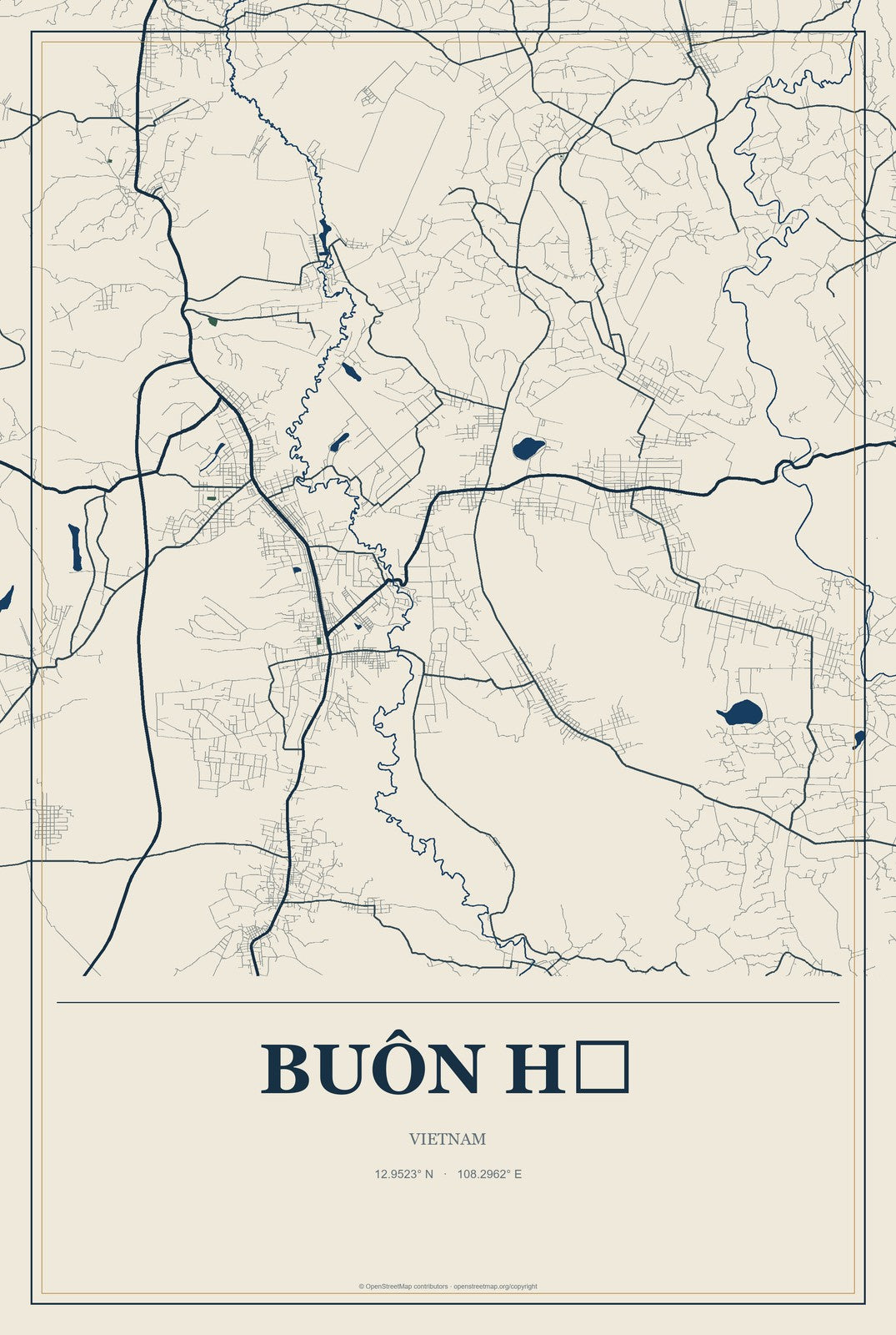 Buôn Hồ, Vietnam City Map Aluminum Sign in Coastal Cutout style