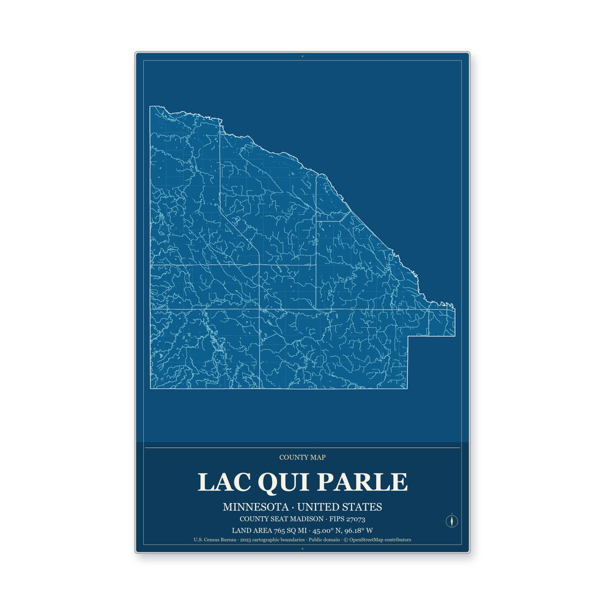 Lac qui Parle County, Minnesota Map Aluminum Sign in Harbor Cobalt style