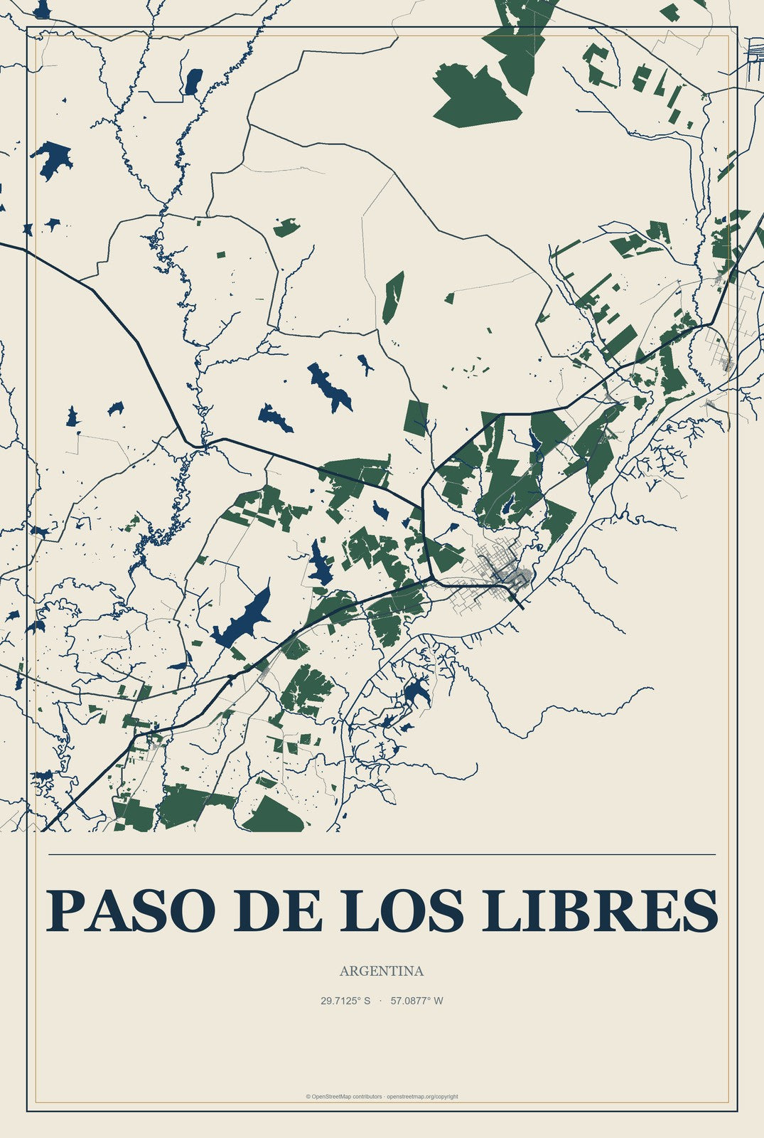 Paso de los Libres, Argentina City Map Aluminum Sign in Coastal Cutout style