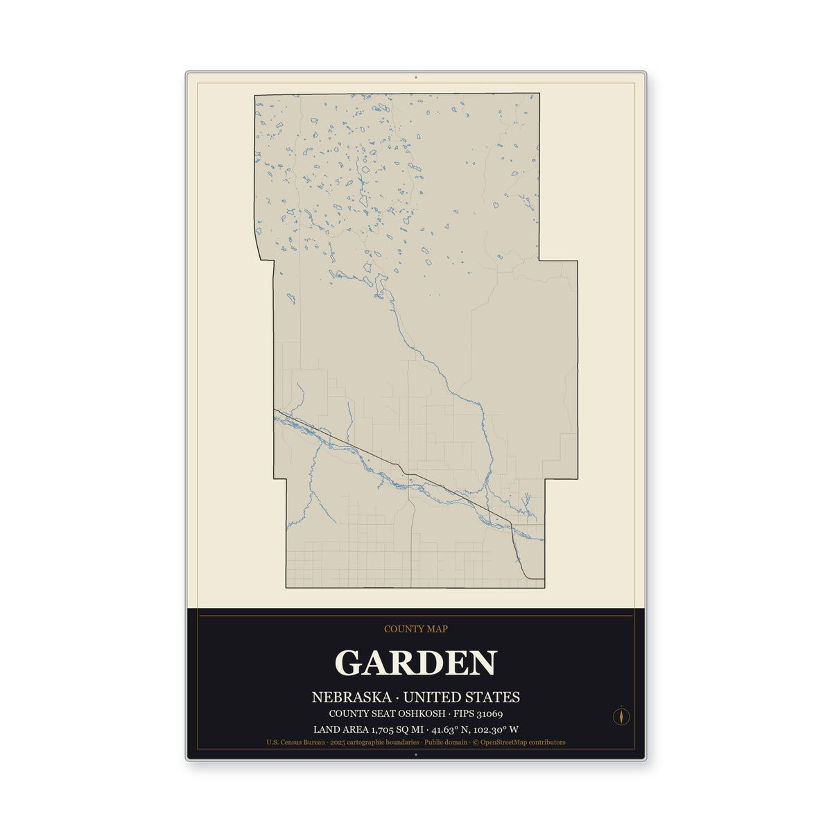 Garden County, Nebraska Map Aluminum Sign in Museum Plaque style