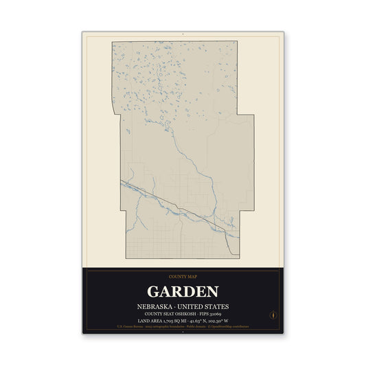 Garden County, Nebraska Map Aluminum Sign in Museum Plaque style