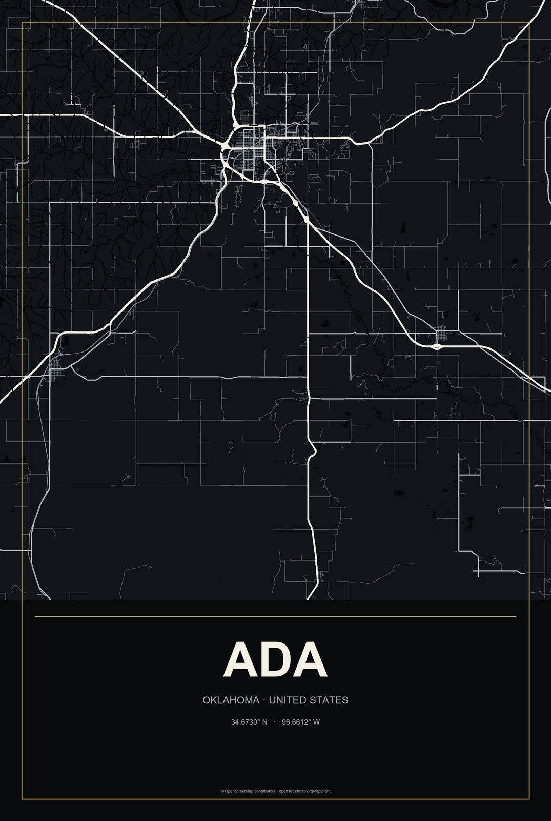 Ada, Oklahoma City Map Aluminum Sign in Metropolitan Noir style