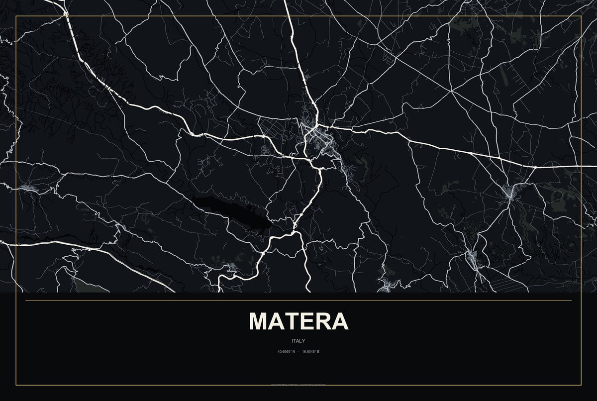 Matera, Italy City Map Aluminum Sign in Metropolitan Noir style