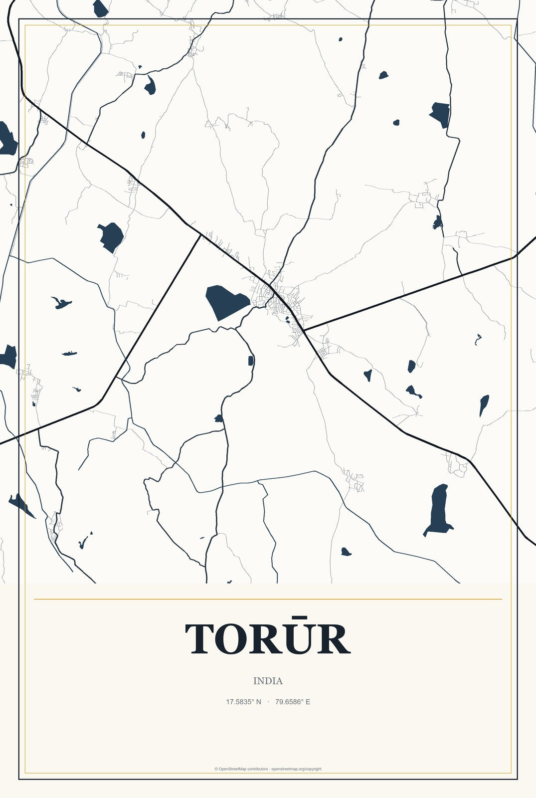 Torūr, India City Map Aluminum Sign in Citrine Modern style