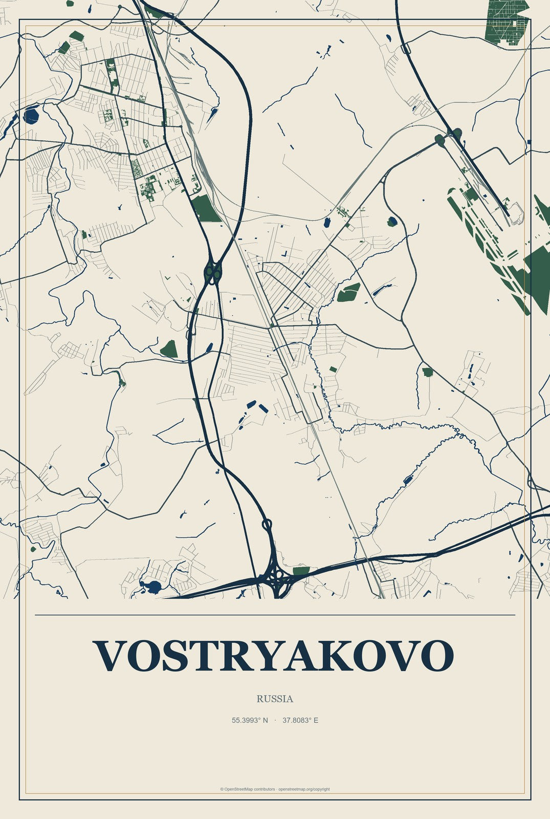 Vostryakovo, Russia City Map Aluminum Sign in Coastal Cutout style
