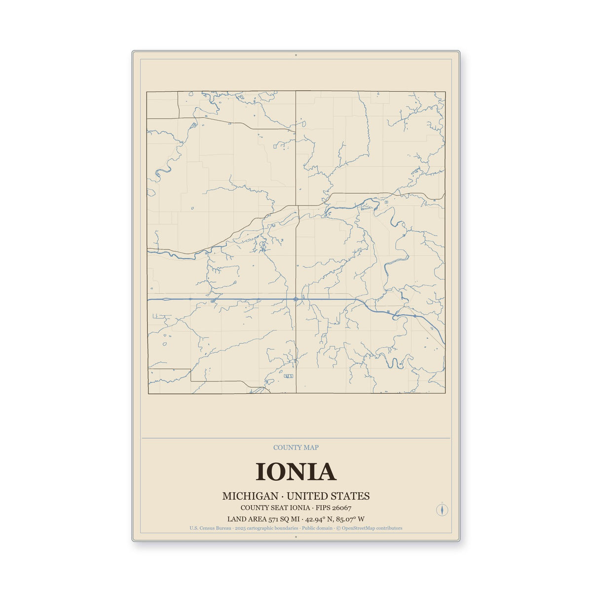 Ionia County, Michigan Map Aluminum Sign in Heritage Nautical style