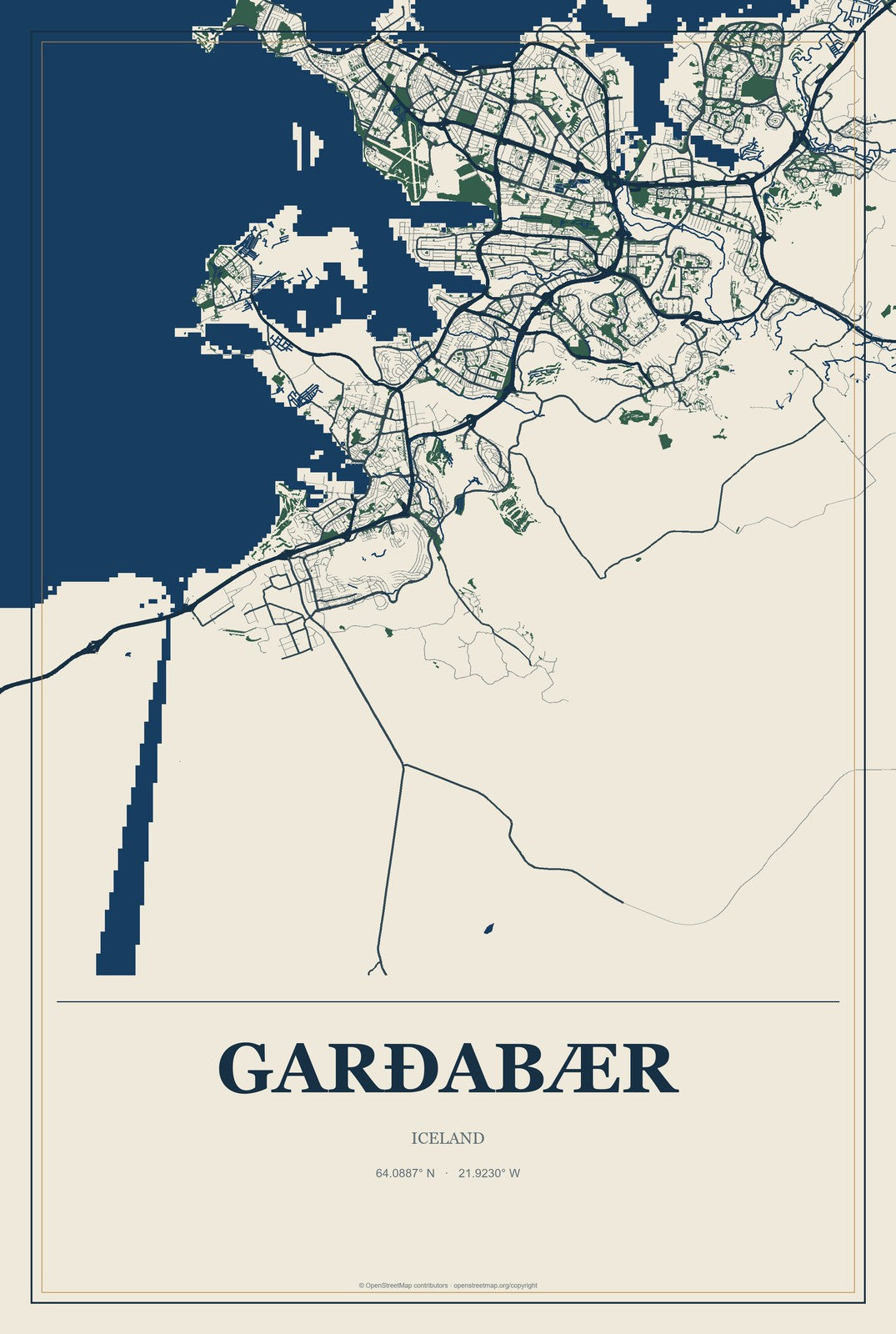 Garðabær, Iceland City Map Aluminum Sign in Coastal Cutout style