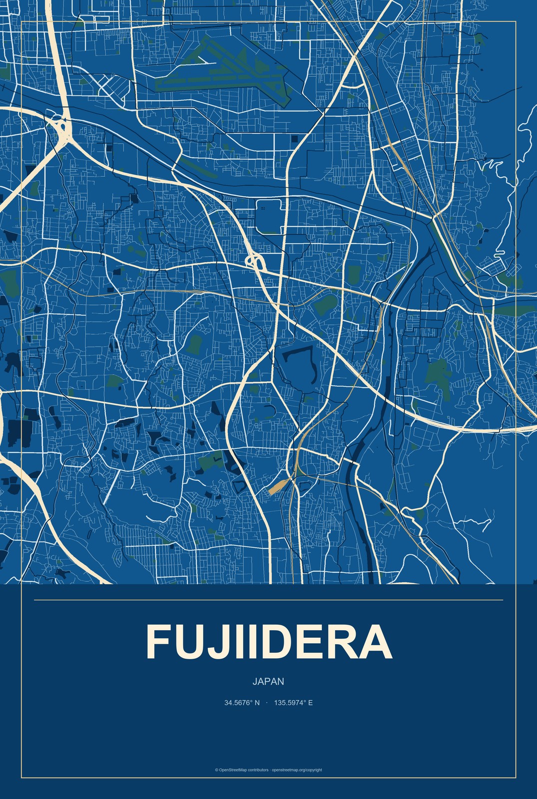 Fujiidera, Japan City Map Aluminum Sign in Harbor Cobalt style