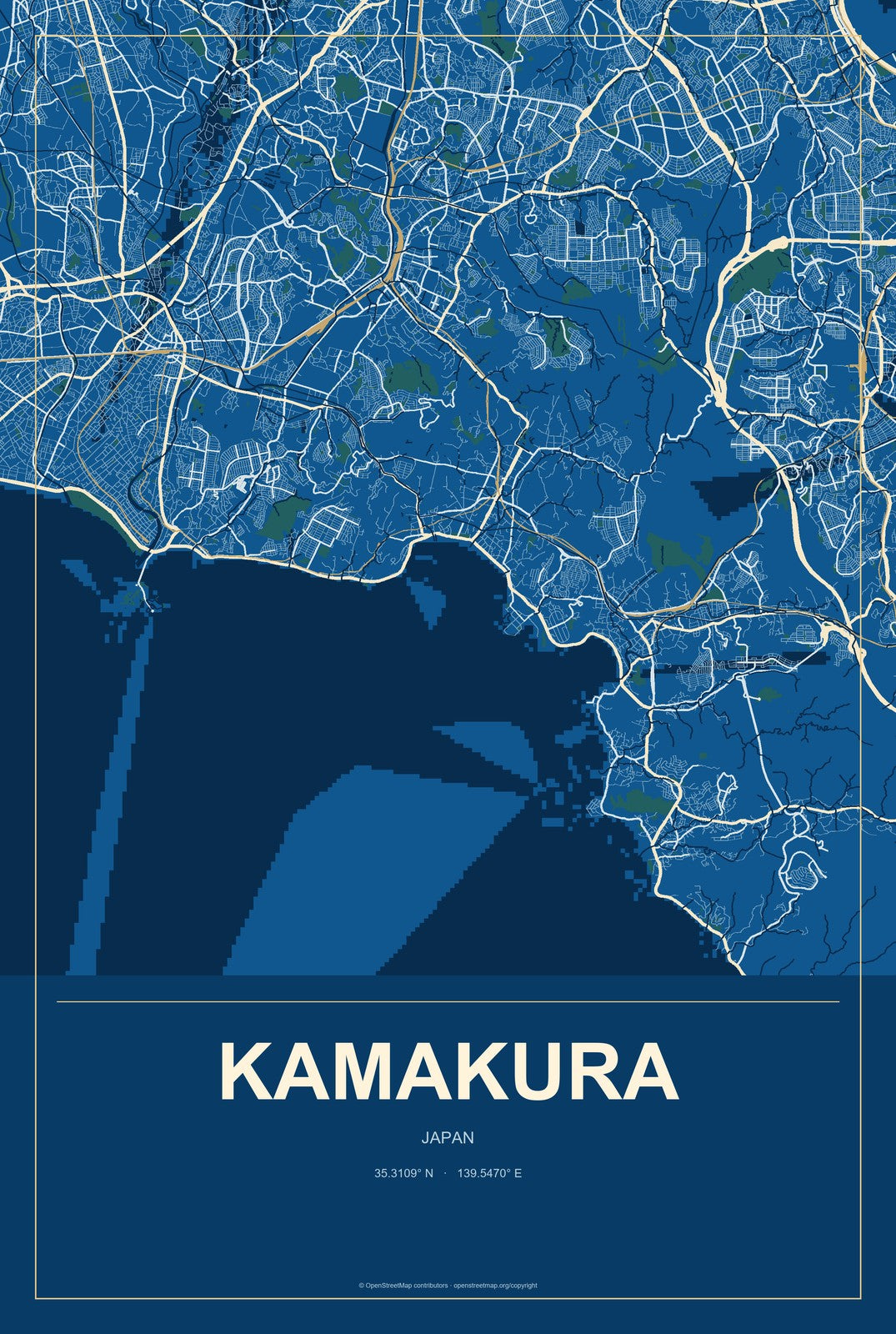 Kamakura, Japan City Map Aluminum Sign in Harbor Cobalt style