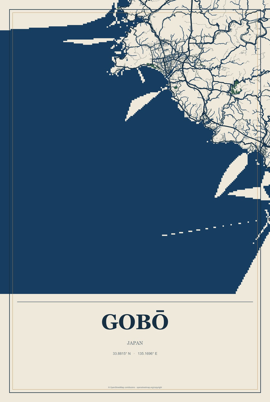 Gobō, Japan City Map Aluminum Sign in Coastal Cutout style