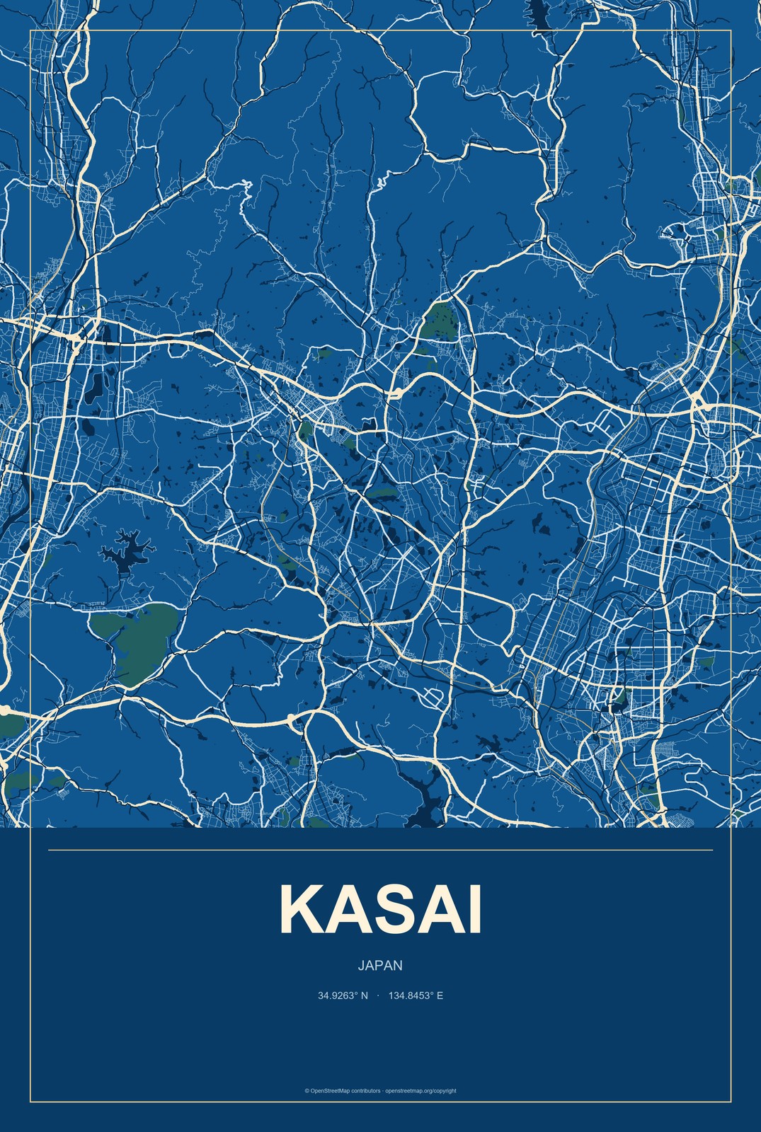 Kasai, Japan City Map Aluminum Sign in Harbor Cobalt style