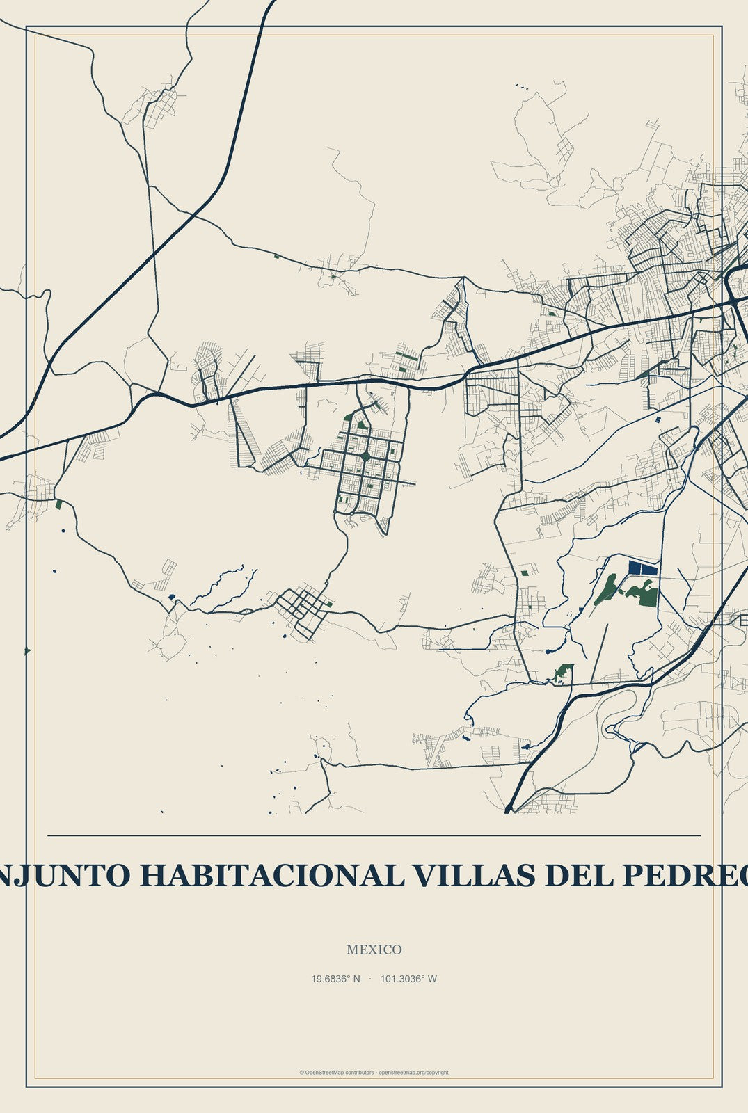 Conjunto Habitacional Villas del Pedregal, Mexico City Map Aluminum Sign in Coastal Cutout style