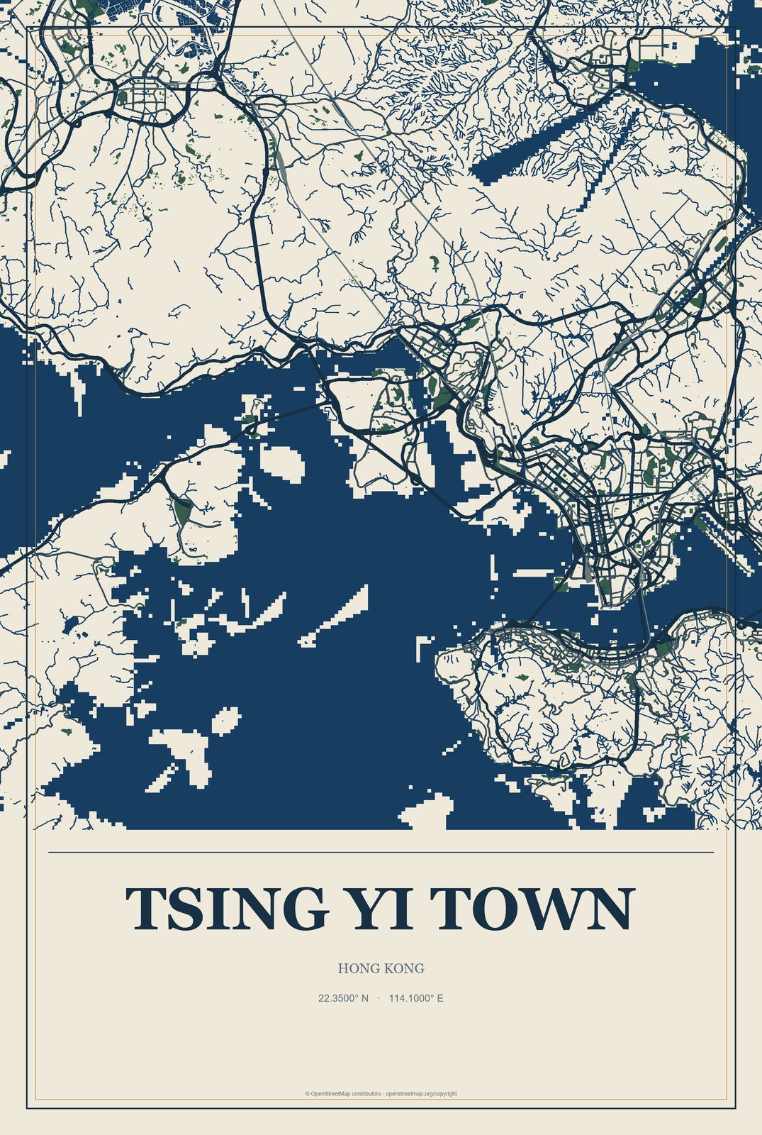 Tsing Yi Town, Hong Kong City Map Aluminum Sign in Coastal Cutout style