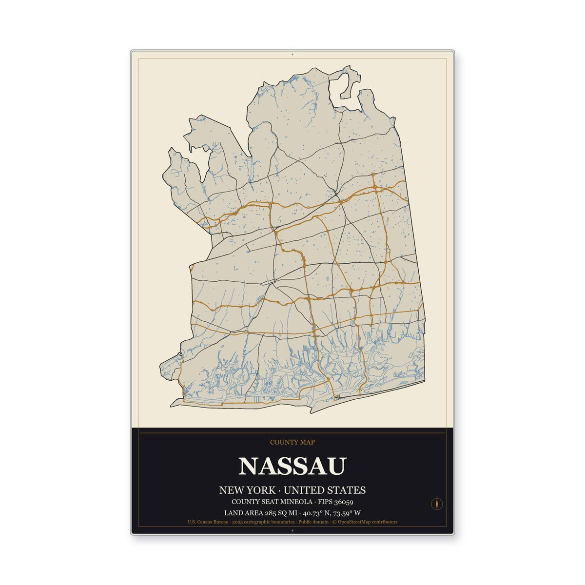 Nassau County, New York Map Aluminum Sign in Museum Plaque style
