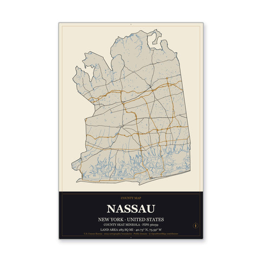 Nassau County, New York Map Aluminum Sign in Museum Plaque style