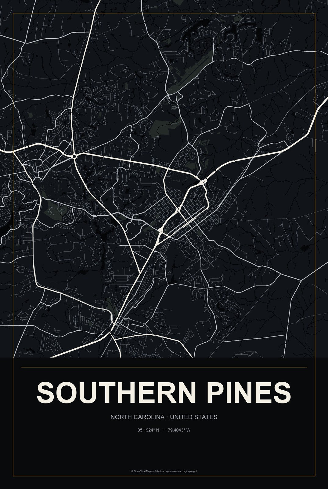 Southern Pines, North Carolina City Map Aluminum Sign in Metropolitan Noir style