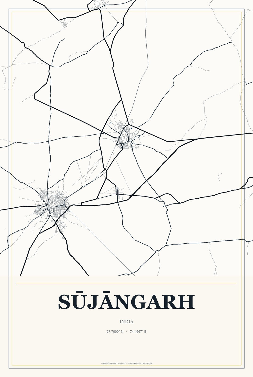 Sūjāngarh, India City Map Aluminum Sign in Citrine Modern style