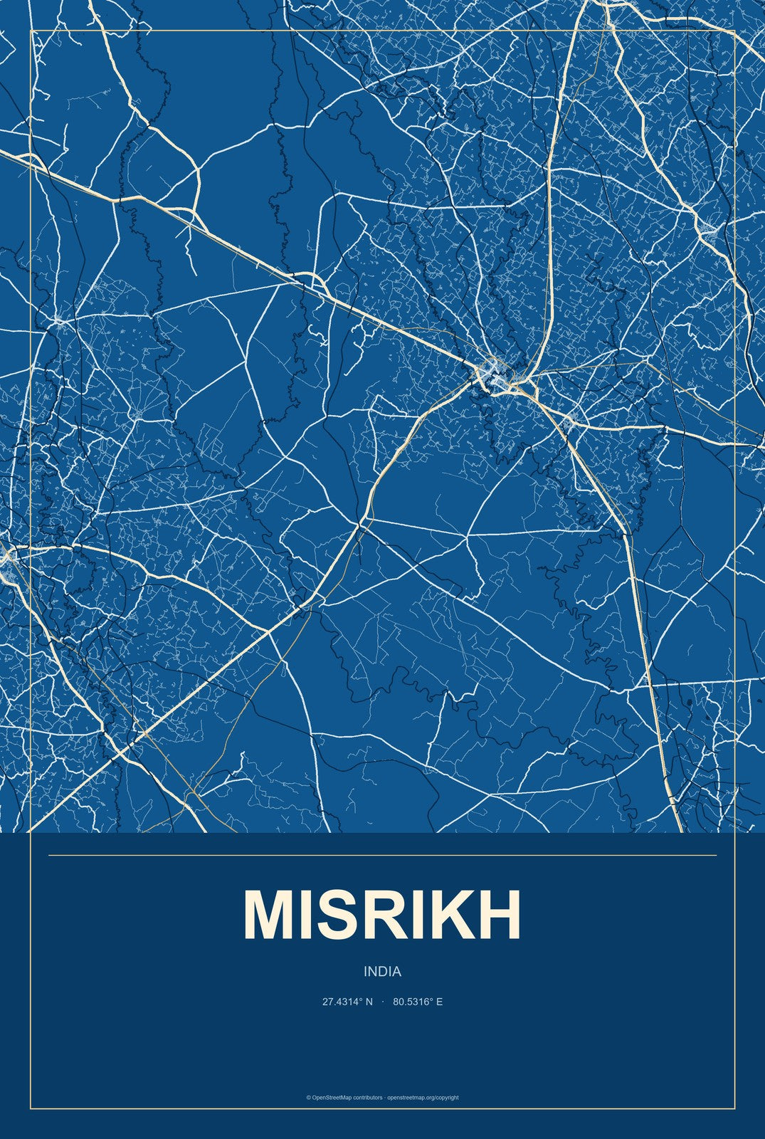 Misrikh, India City Map Aluminum Sign in Harbor Cobalt style