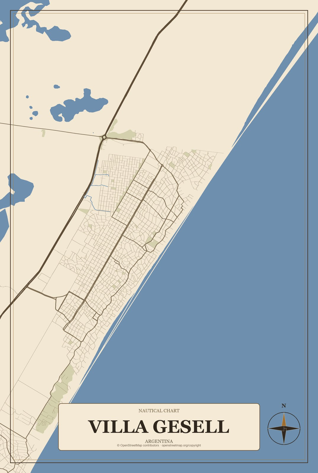 Villa Gesell, Argentina City Map Aluminum Sign in Heritage Nautical style