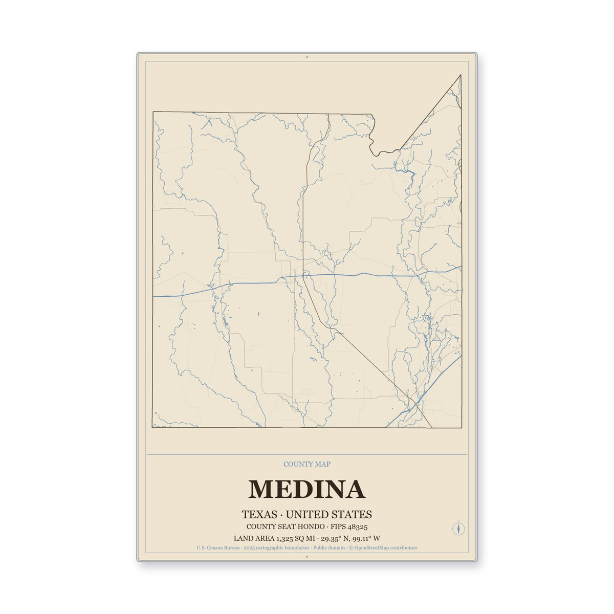 Medina County, Texas Map Aluminum Sign in Heritage Nautical style