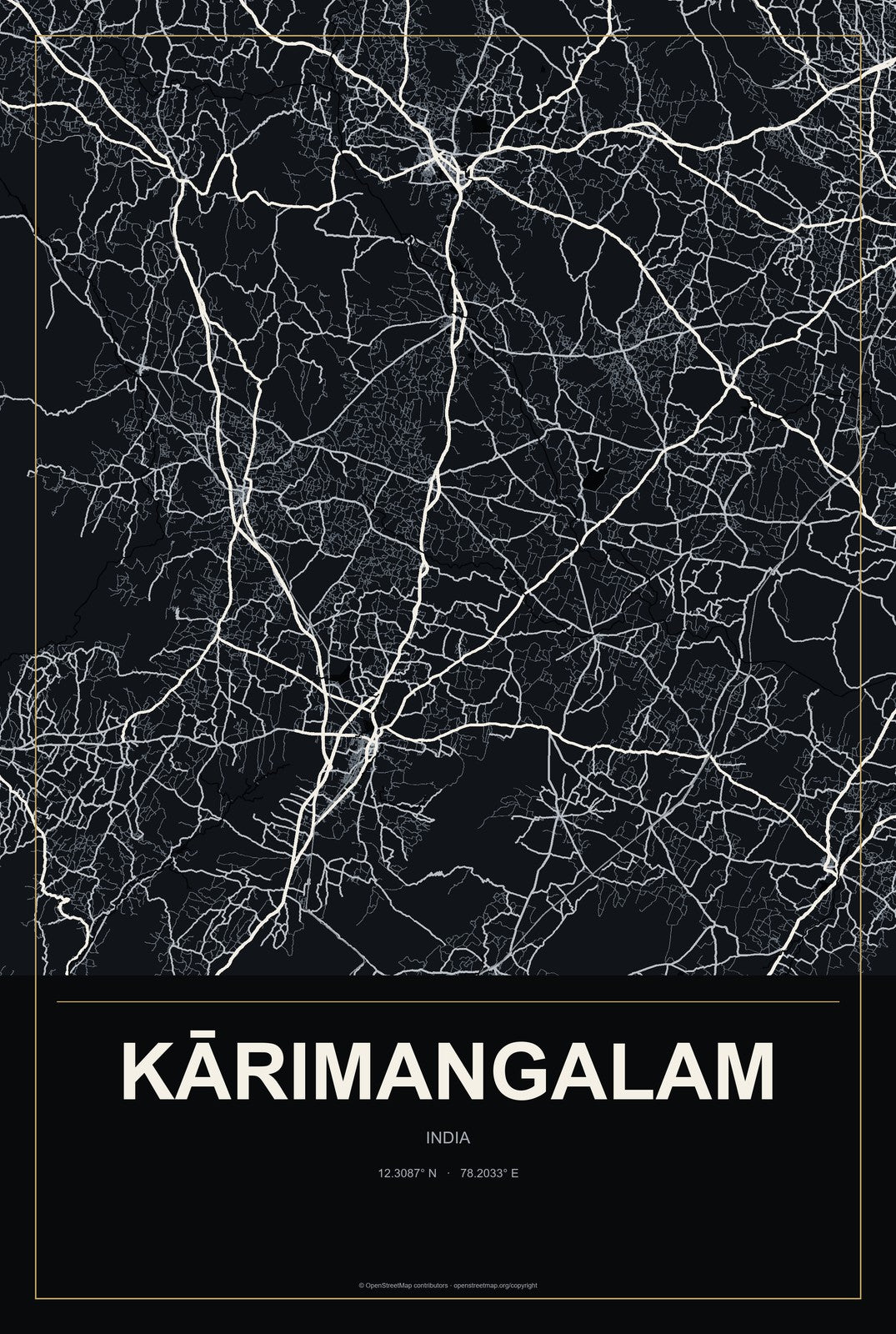 Kārimangalam, India City Map Aluminum Sign in Metropolitan Noir style