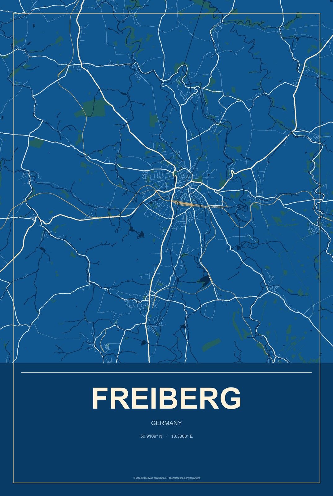 Freiberg, Germany City Map Aluminum Sign in Harbor Cobalt style