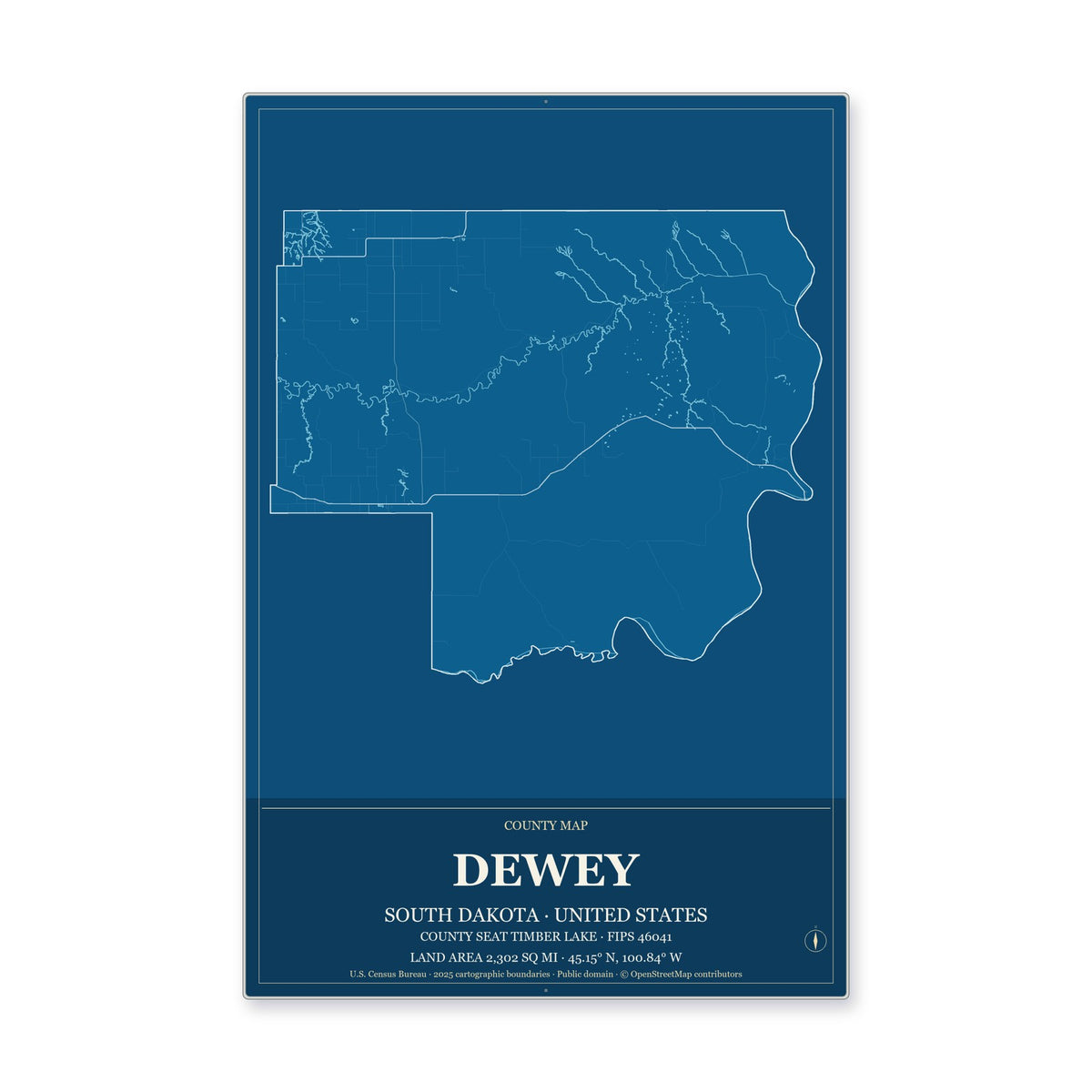 Dewey County, South Dakota Map Aluminum Sign in Harbor Cobalt style