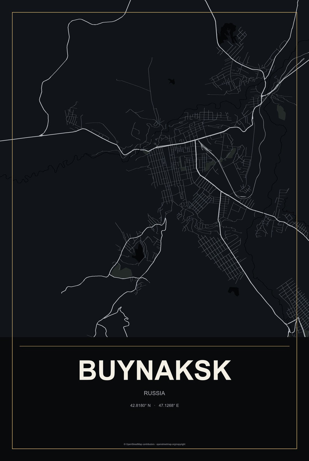Buynaksk, Russia City Map Aluminum Sign in Metropolitan Noir style